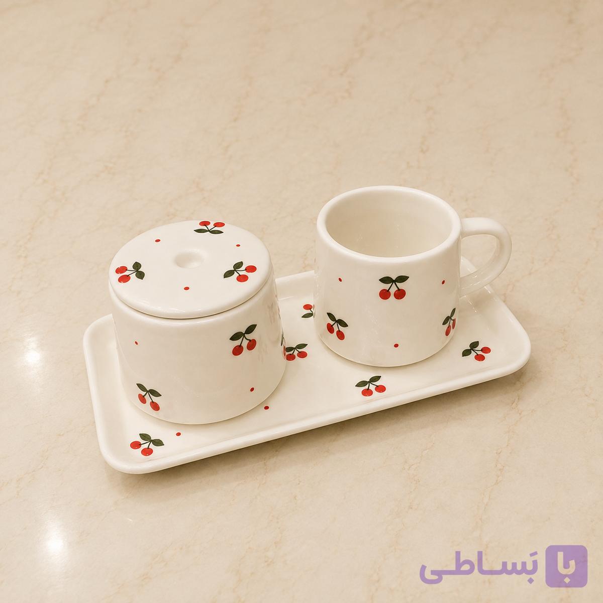 ست قهوه‌خوری تک‌نفره سرامیکی گل‌دار | فنجان، ظرف درب‌دار و سینی