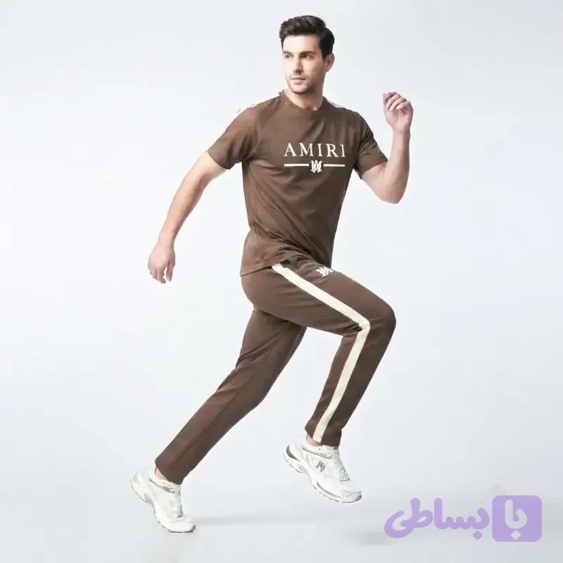 ست تیشرت و شلوار مردانه پارچه مولینه درجه یک کرم شکلاتی کنف دوزی شده — تصویر 1