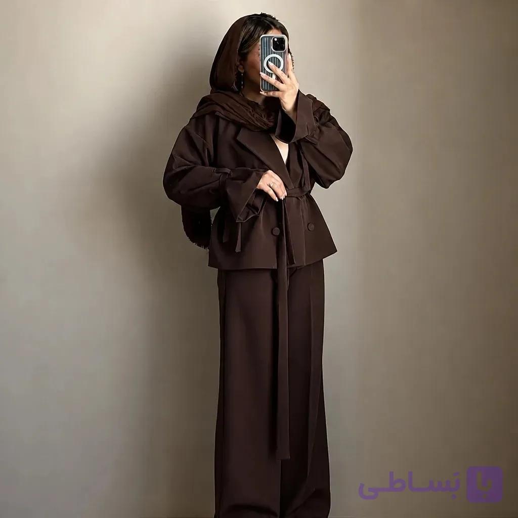 کت شلوار زنانه جنس مازراتی رنگ بندی مشکی سرمهای قهوهای سایز 1 و 2 — تصویر 1