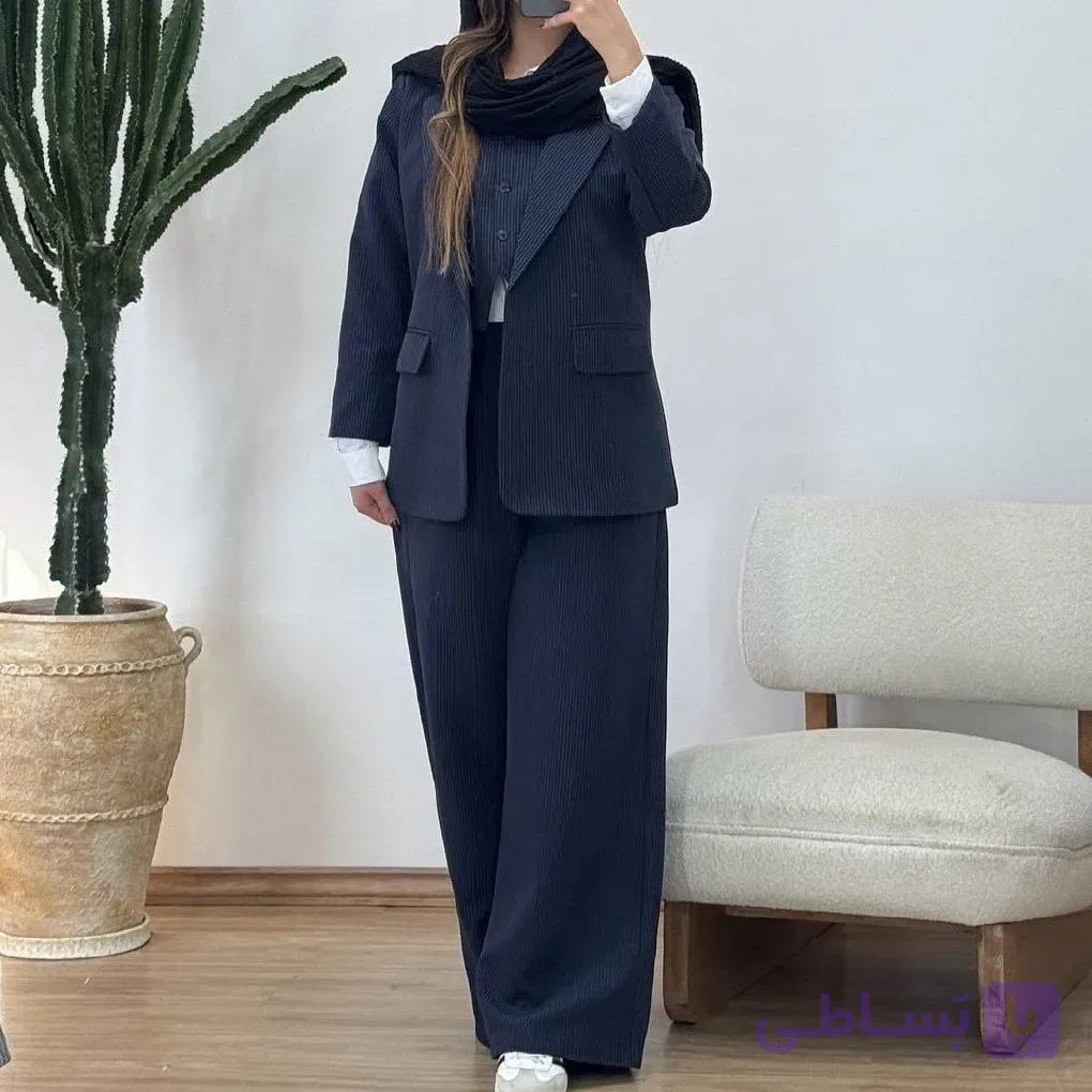 ست سه تیکه کت و جلیقه و شلوار زنانه جنس دیپلمات رنگ مشکی طوسی سورمه ای سایز 1 و 2 — تصویر 1