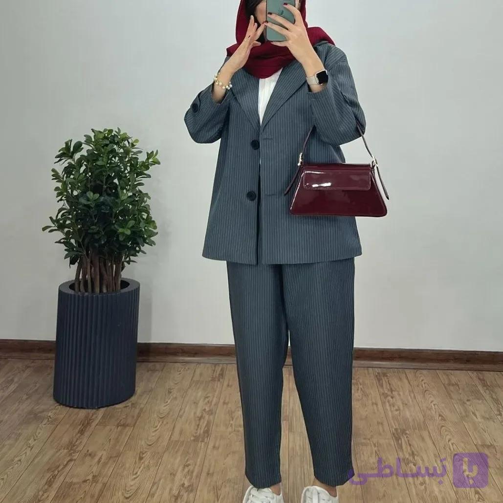 کت شلوار زنانه دیپلمات پرشیا مدل آسو رنگ مشکی سرمه ای طوسی سایز بزرگ — تصویر 1