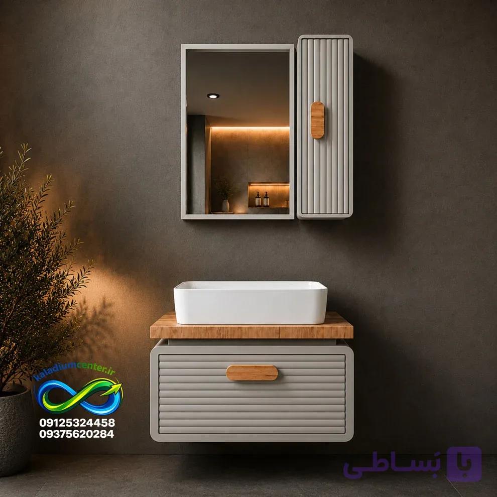 روشویی کابینتی سایز ۴۰ در ۶۰ ست کامل با سنگ گاتریا و آینه و باکس مدل بامبو طوسی چوب — تصویر 1