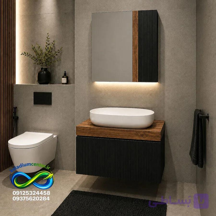 روشویی کابینتی سایز ۴۰ در ۶۰ ست کامل با سنگ گاتریا و آینه و باکس مدل بتمن مشکی چوب — تصویر 1