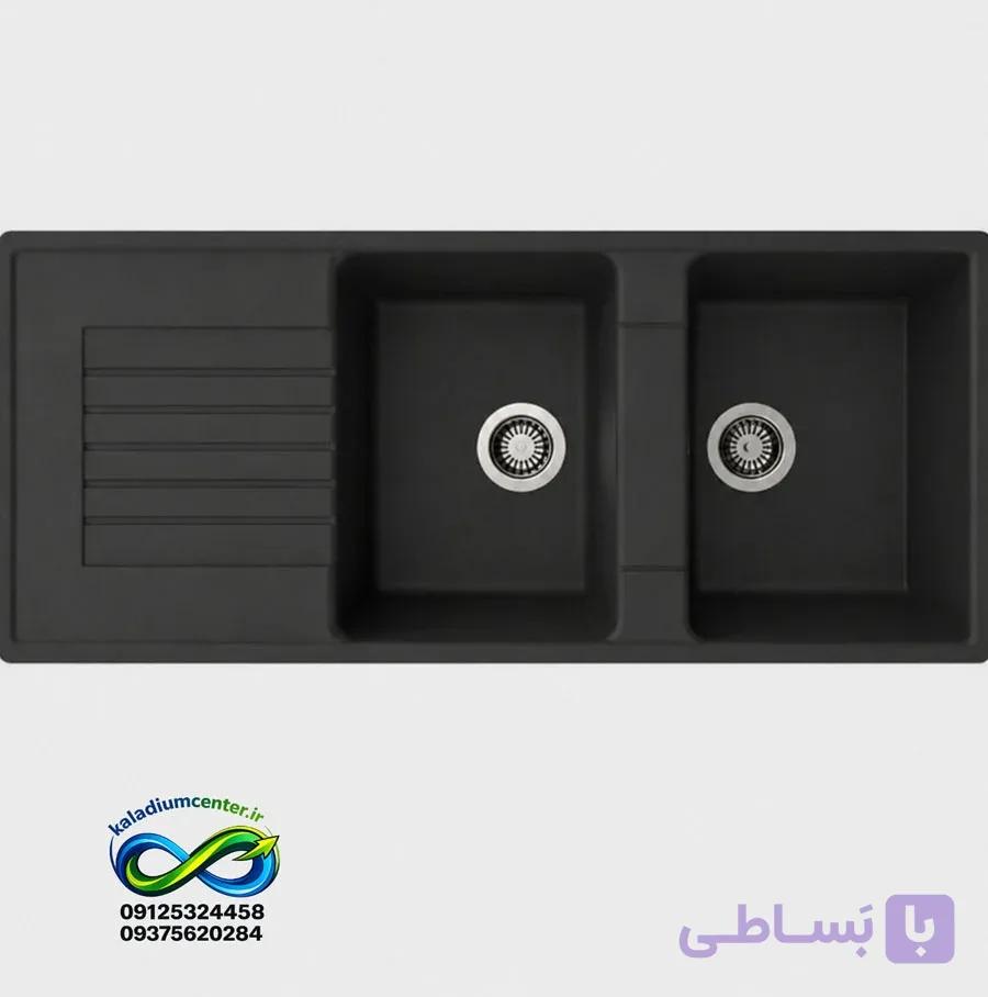 سینک گرانیتی دو لگنه توکار مشکی رگه سفید همراه با اتصالات زیراب کامل — تصویر 1