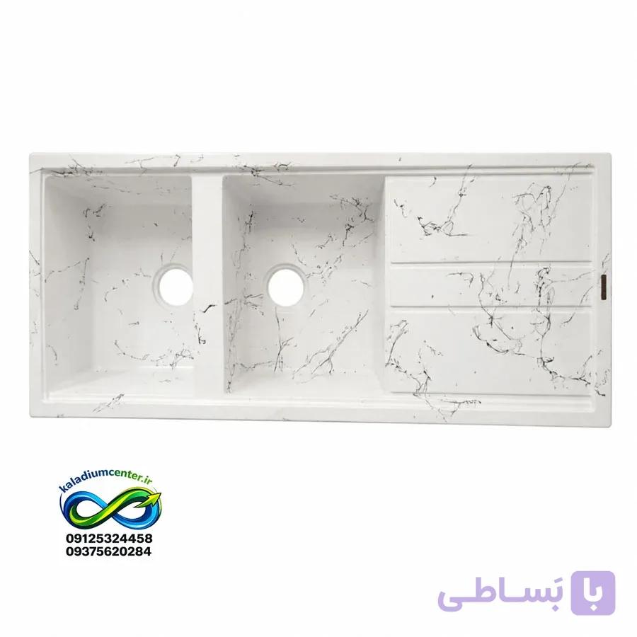 سینک گرانیتی برند گراینو دو لگنه توکار سفید رگه طلایی همراه با اتصالات زیراب کامل — تصویر 1