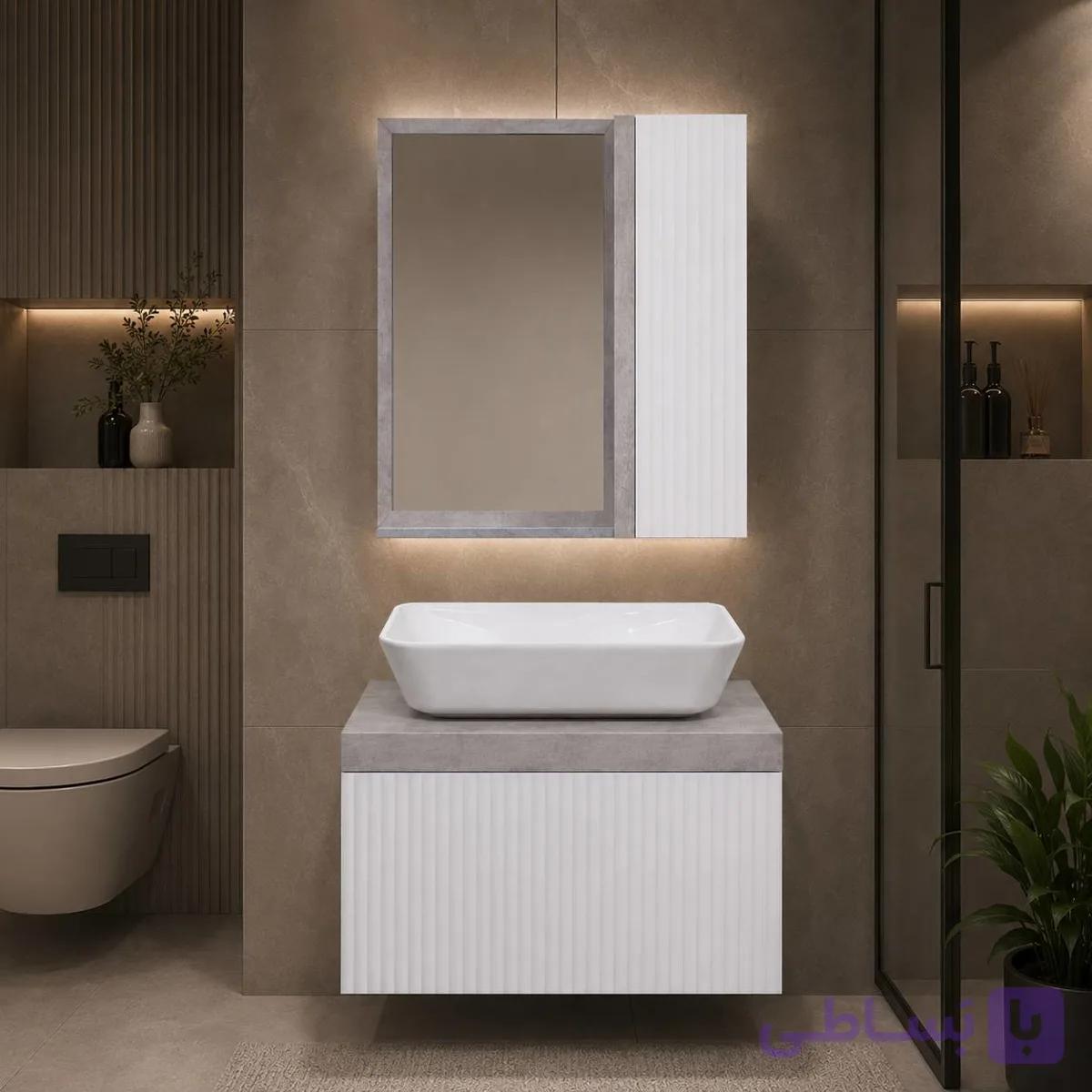 روشویی کابینتی سایز ۴۰ در ۶۰ ست کامل با سنگ گاتریا وآینه و باکس مدل z42بامبو سفید بتنی — تصویر 1