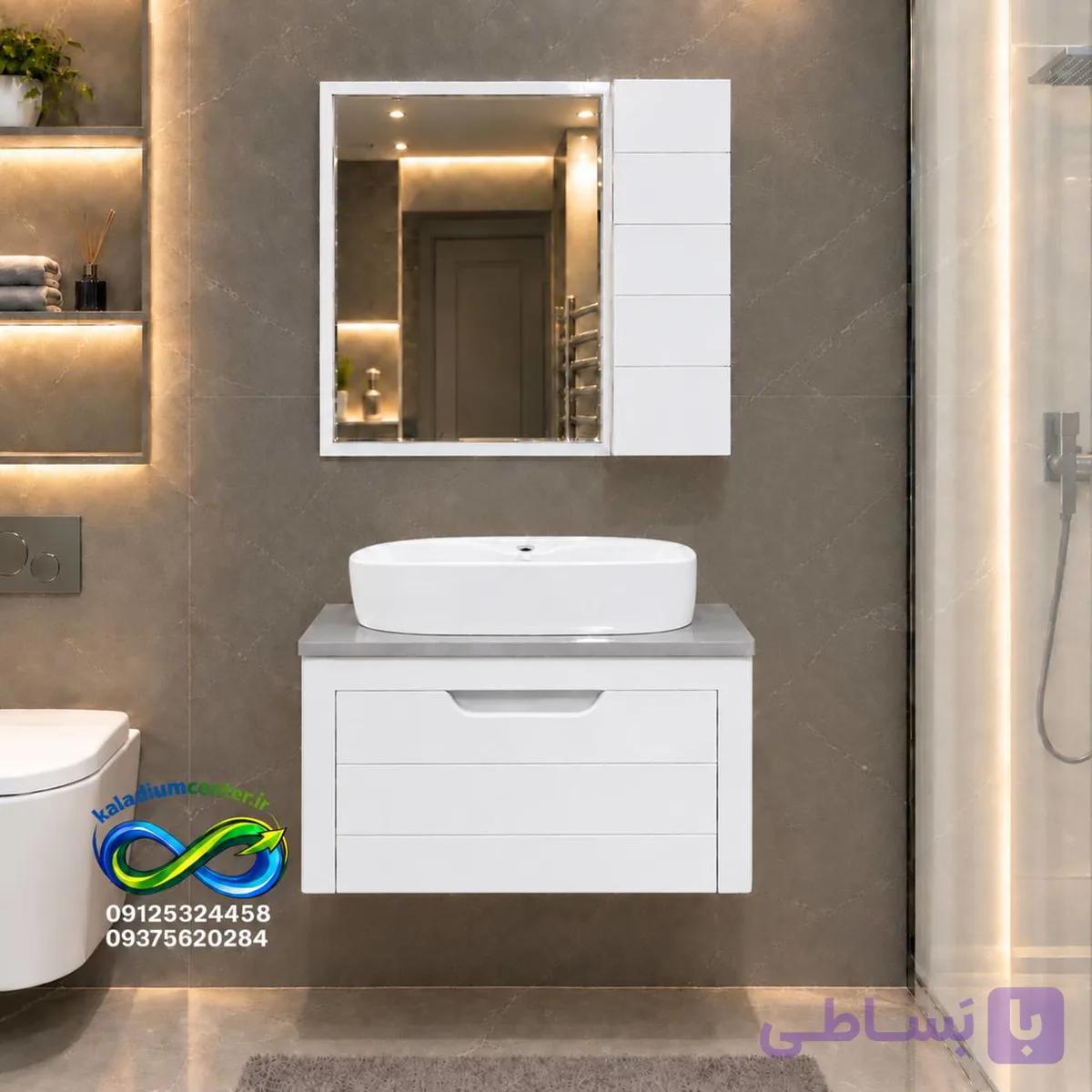 روشویی کابینتی 40 در 60 ست کامل با سنگ گاتریا لترون سفید طوسی — تصویر 1