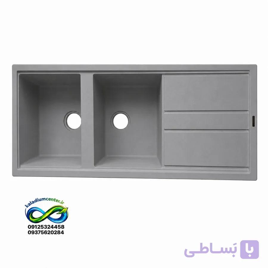 سینک گرانیتی دو لگنه توکار طوسی همراه با اتصالات زیراب کامل — تصویر 1