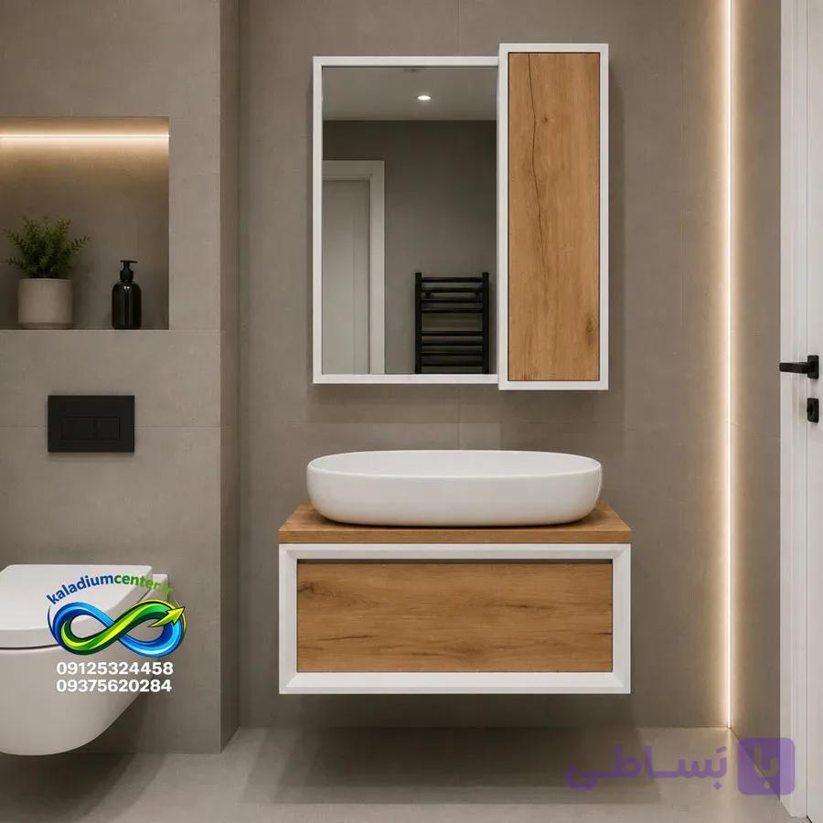 روشویی کابینتی سایز ۴۰ در ۶۰ ست کامل با سنگ گاتریا و آینه و باکس مدل مدرن فریم دار سفید چوب — تصویر 1