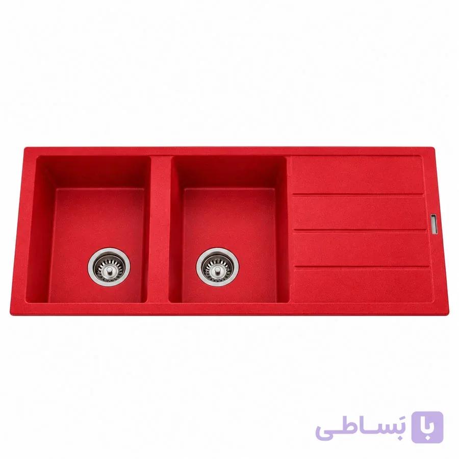 سینک گرانیتی دو لگنه توکار قرمز با اتصالات زیراب کامل — تصویر 1
