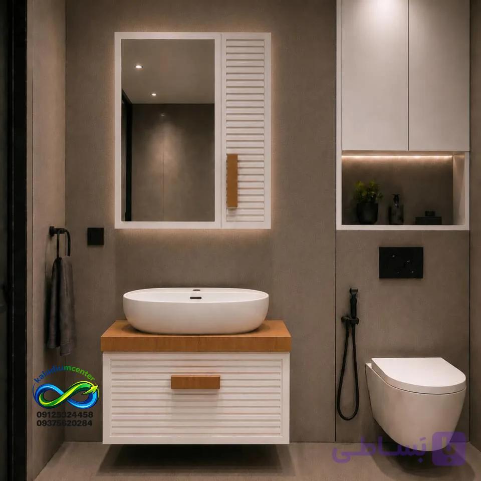 روشویی کابینتی سایز ۴۰ در ۶۰ ست کامل با آینه وباکس مدل z40 بامبو سفید چوب — تصویر 1