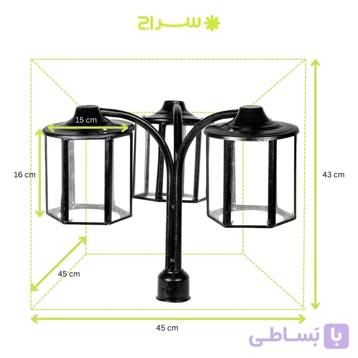 چراغ حیاطی و پارکی سرلوله سه شاخه فلزی مدل P-3JB — تصویر 1
