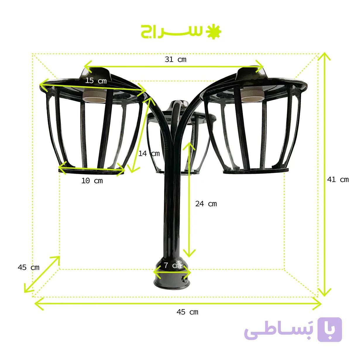 چراغ حیاطی و پارکی سرلوله سه‌شاخه فلزی مدل P-3JC — تصویر 1