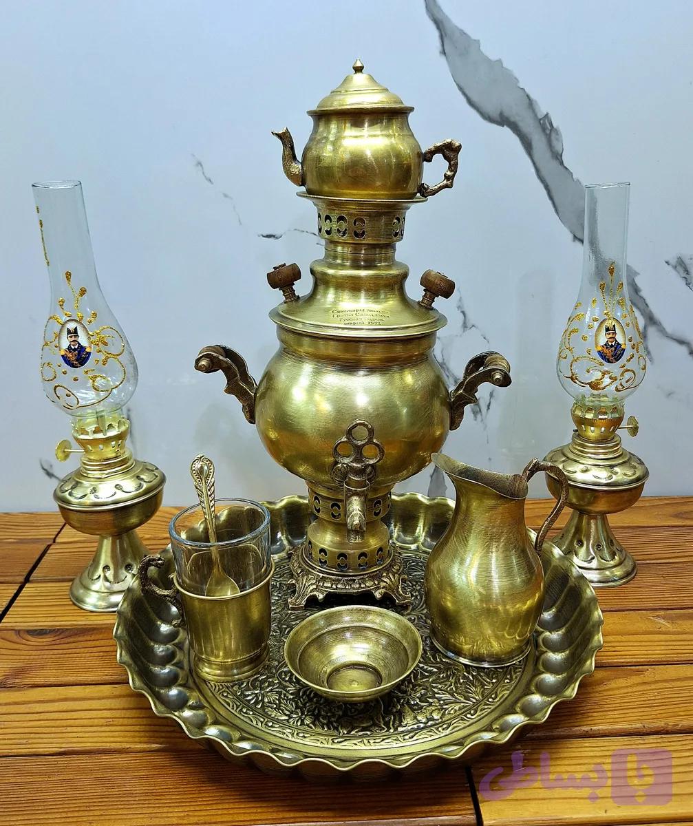 سماور زغالی ۱لیتری با سرویس ۹پارچه برنجی