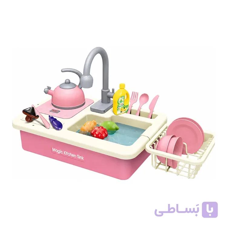 ست سینک ظرفشویی و اجاق گاز اسباب بازی صورتی با شیر چرخان 180 درجه — تصویر 1