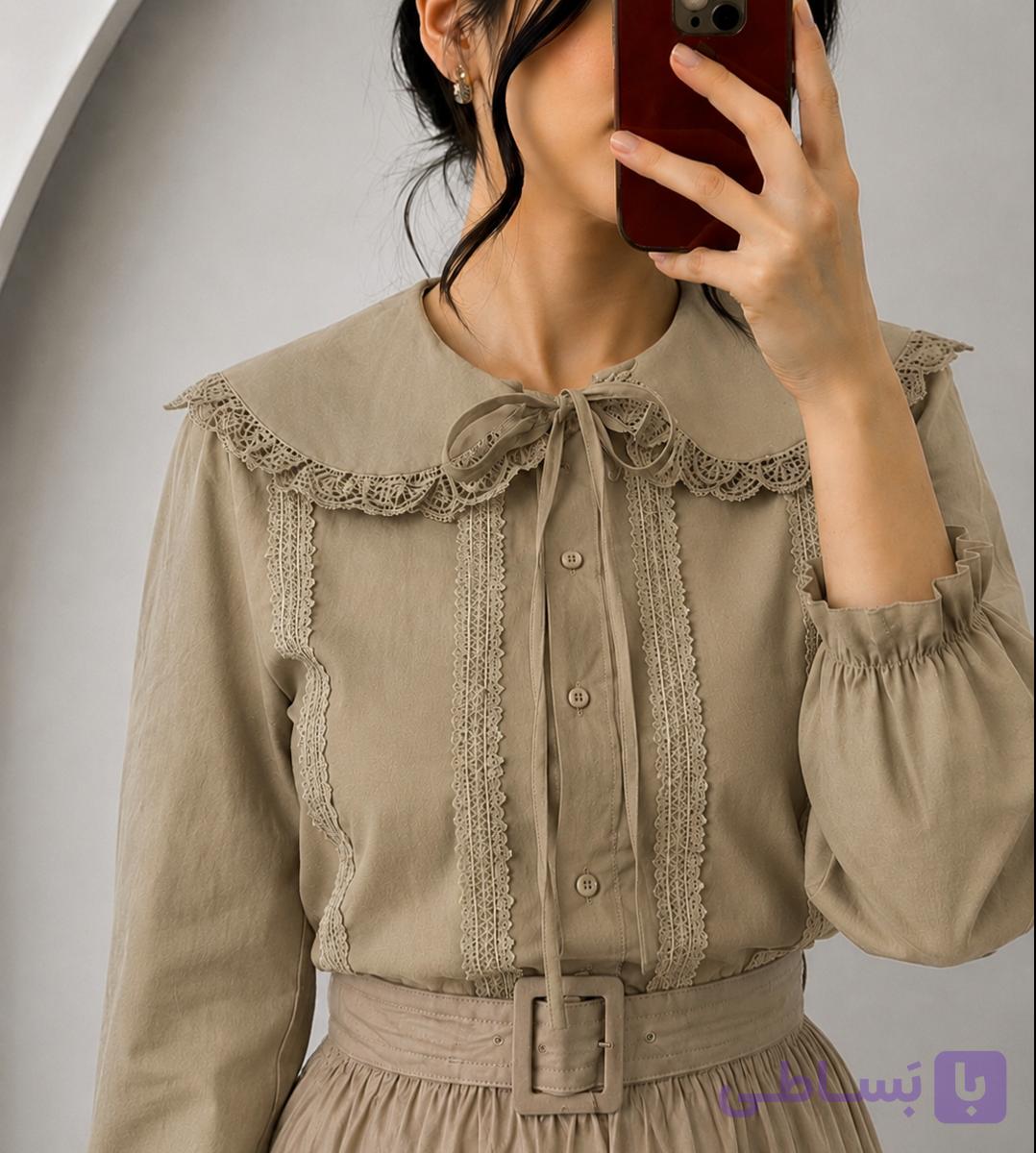 شومیز لینن یقه ب ب پینترستی وارداتی با نوار گیپور