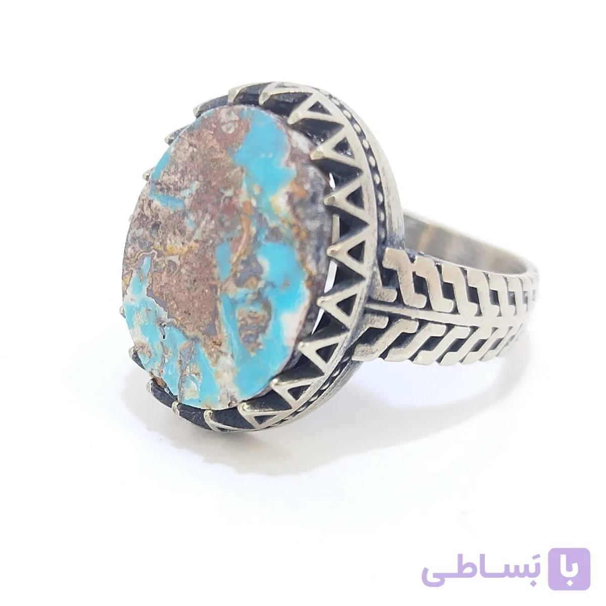 انگشتر مردانه نقره روس نگین فیروزه نیشابور طبیعی کد RMN-1053 — تصویر 1