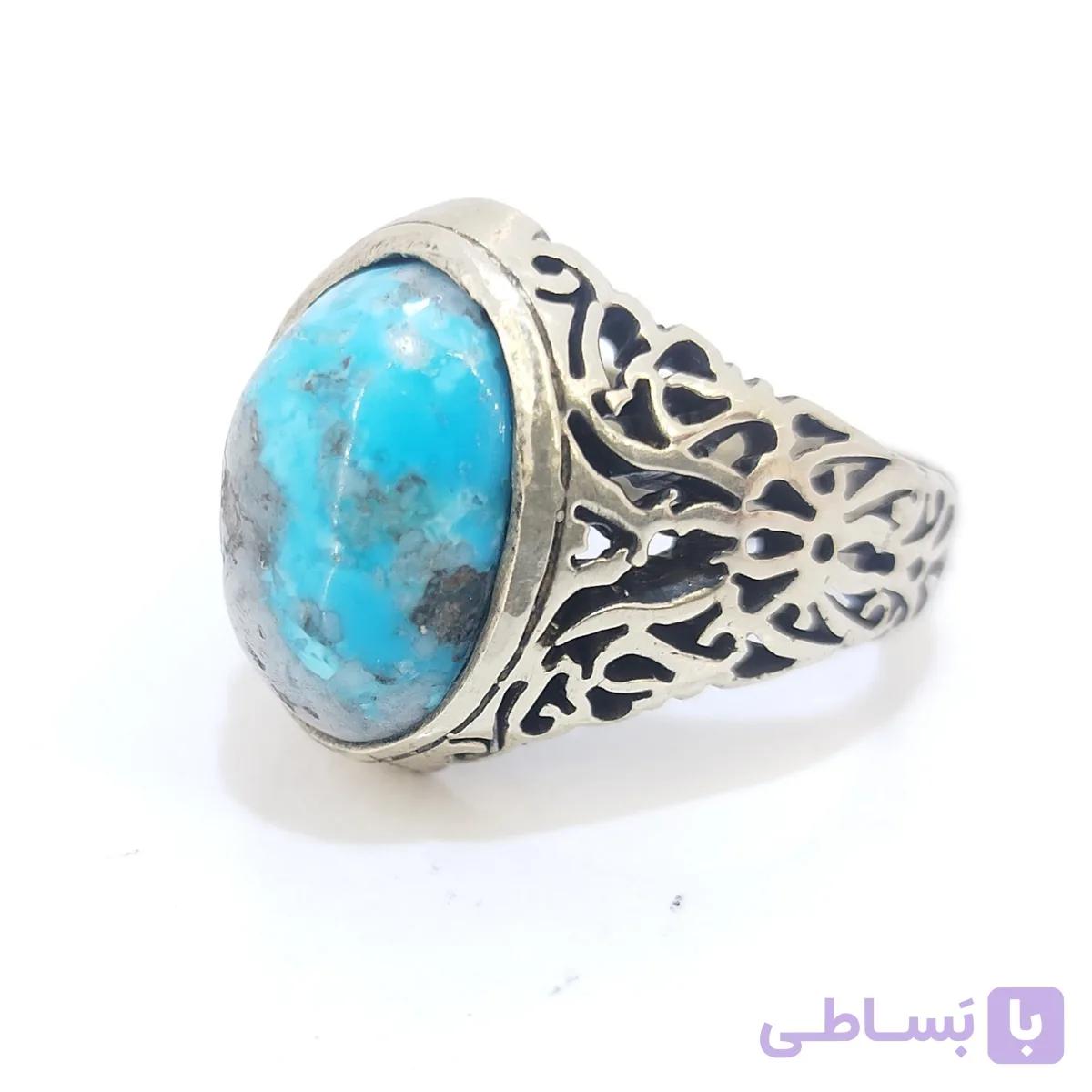 انگشتر مردانه نقره روس نگین فیروزه نیشابور طبیعی کد RMN-1049 — تصویر 1