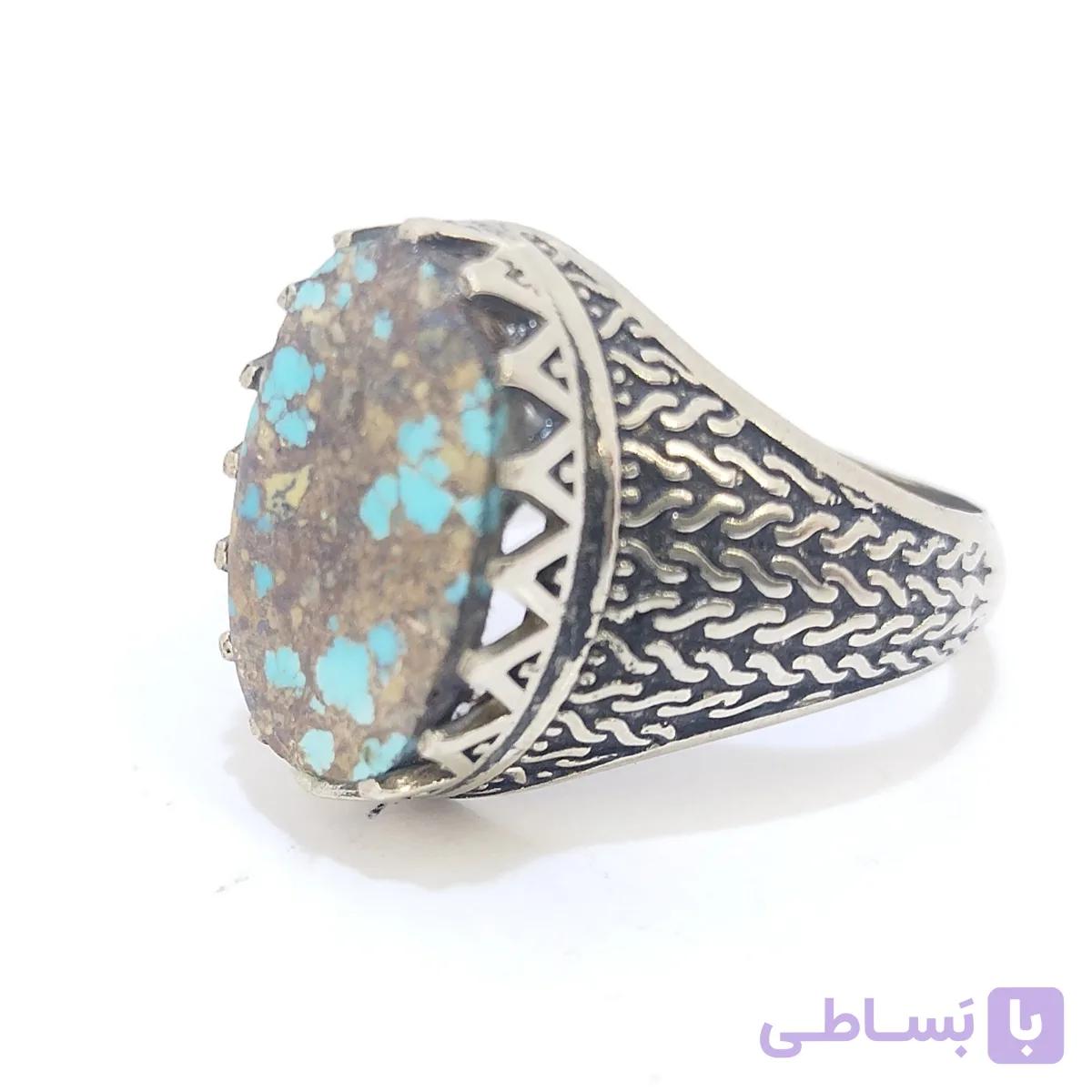 انگشتر مردانه نقره روس نگین فیروزه نیشابور طبیعی کد RMN-1050 — تصویر 1