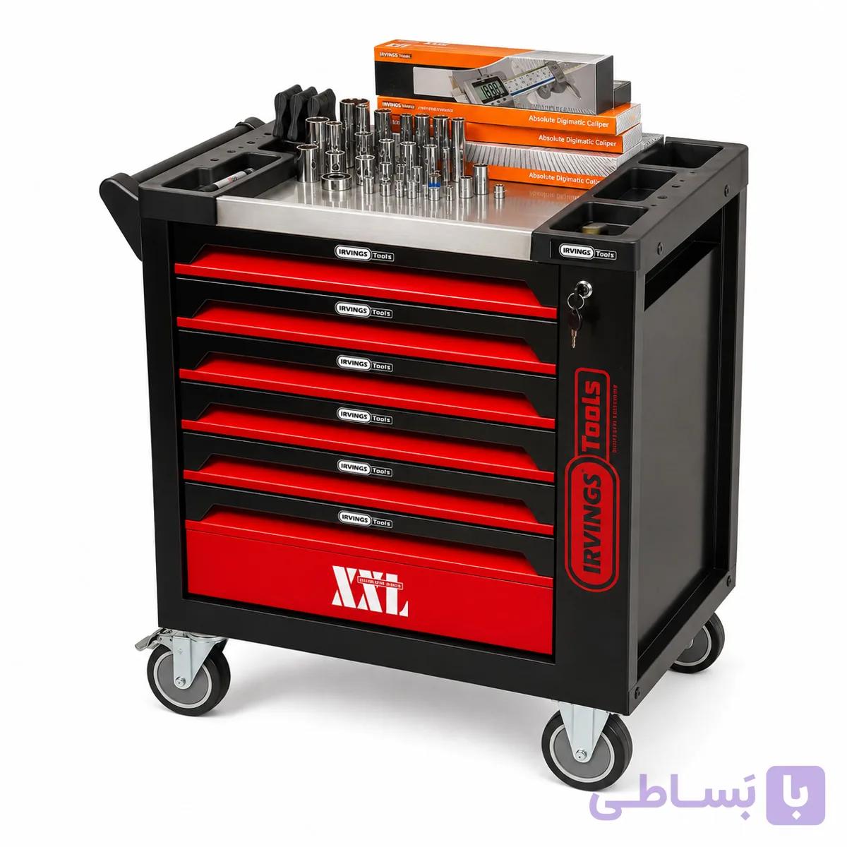 جعبه ابزار چرخ‌دار ۷ کشویی IRVINGS Tools مدل کارگاهی با مجموعه کامل ابزار دستی (100) — تصویر 1