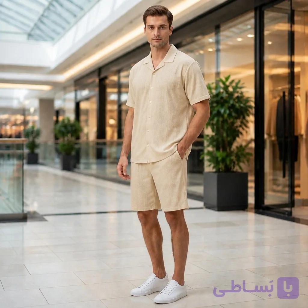 پیرآهن و شلوارک مردانه پارچه مراکشی بیسکوییتی