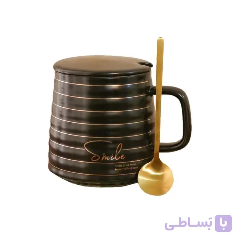 ماگ سرامیکی درب دار و قاشق دار | طرح لبخند — تصویر 1