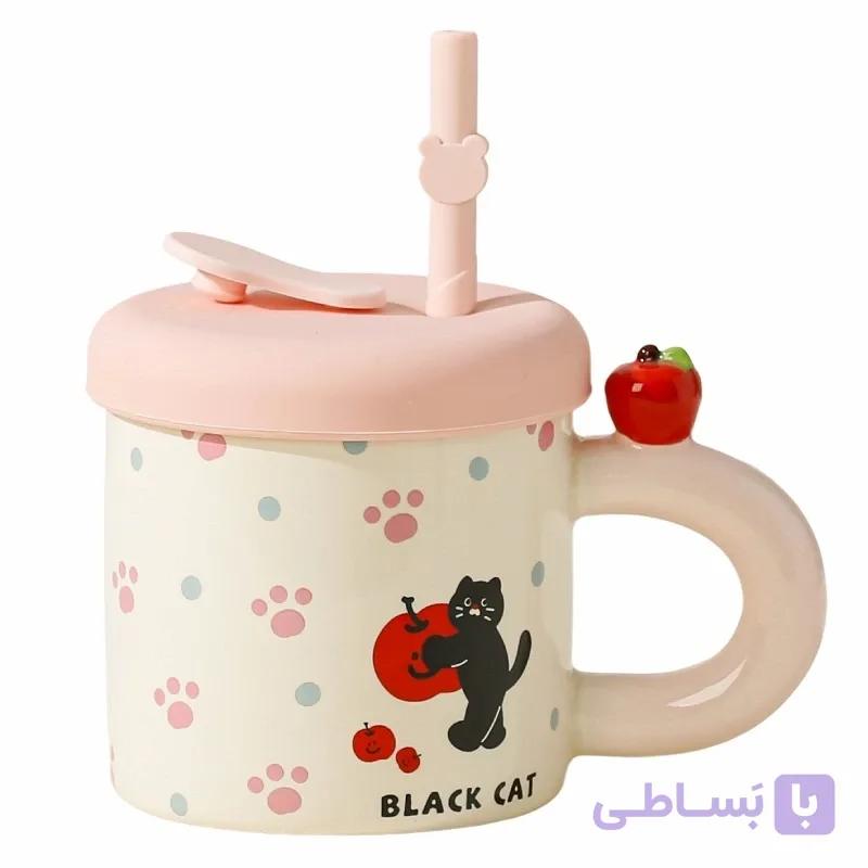 ماگ سرامیکی فانتزی درب‌دار نی‌دار طرح گربه با سیب برجسته — تصویر 1