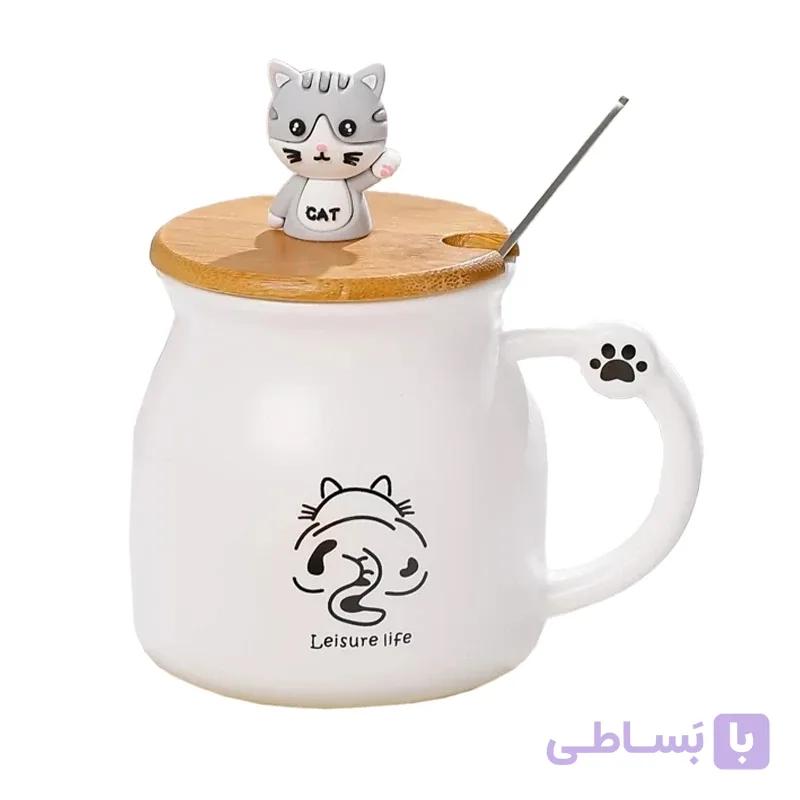ماگ سرامیکی فانتزی طرح گربه قاشق‌دار با درب چوبی بامبو — تصویر 1