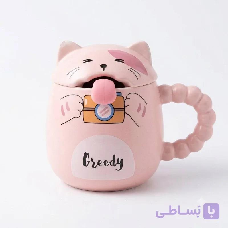 ماگ سرامیکی دردار و قاشق‌دار طرح گربه شیطون با دسته حبابی — تصویر 1