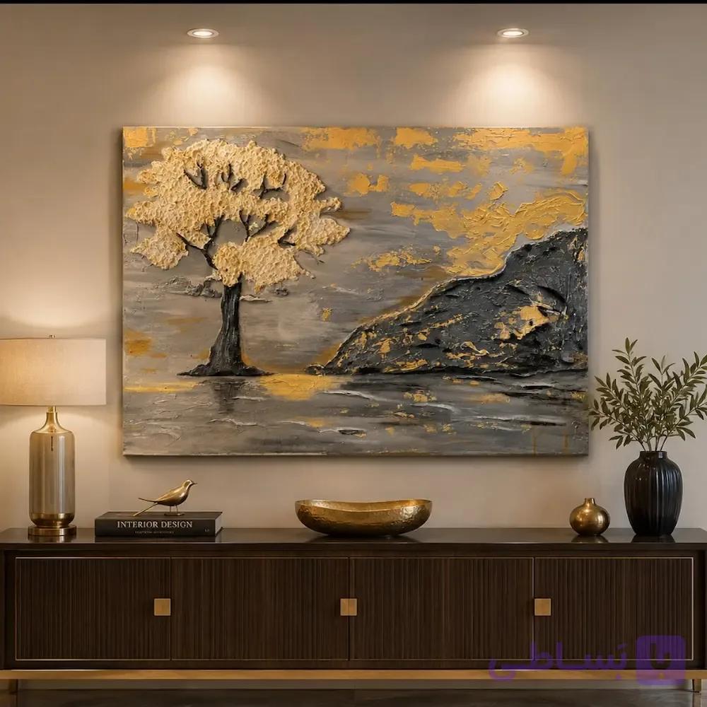 تابلو نقاشی برجسته طرح درخت و مرداب با ورق طلا ( 50×70  سانتی‌متر) — تصویر 1