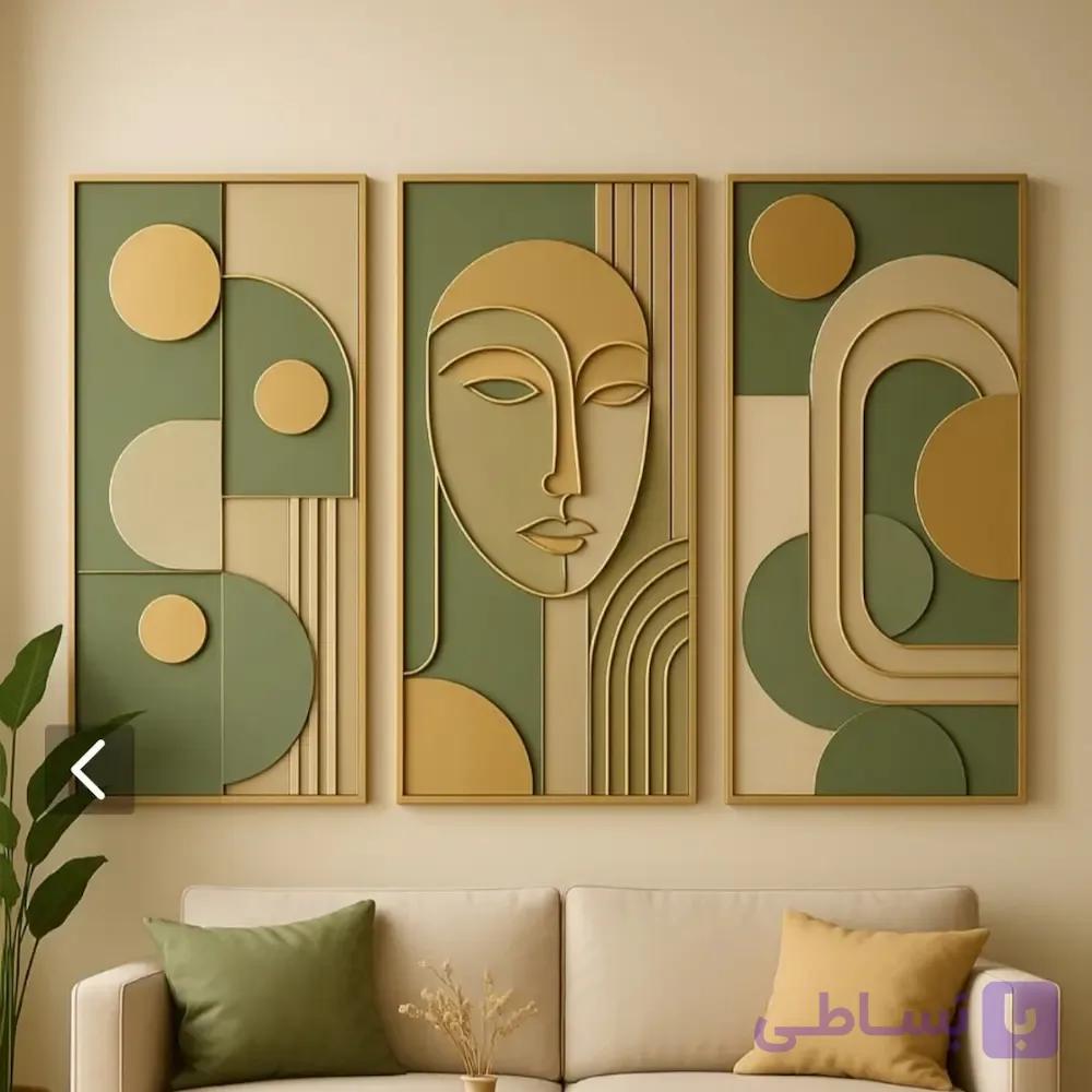 ست تابلو نقاشی سه تکه مدرن برجسته (طرح چهره انتزاعی و هندسی)