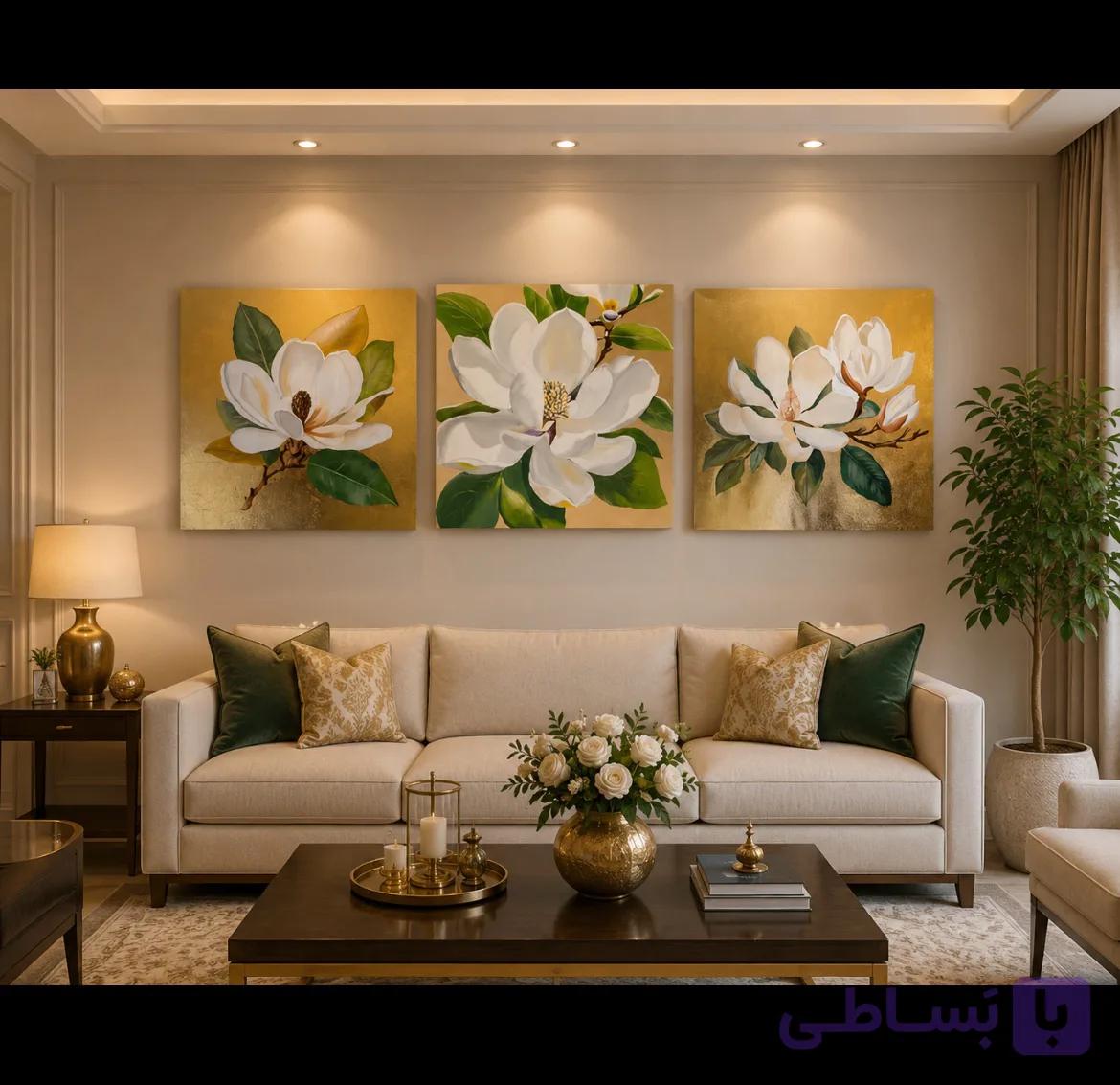 ست تابلو نقاشی سه تکه گل مگنولیا با ورق طلا (رنگ روغن ۱۵۰x۵۰) — تصویر 1