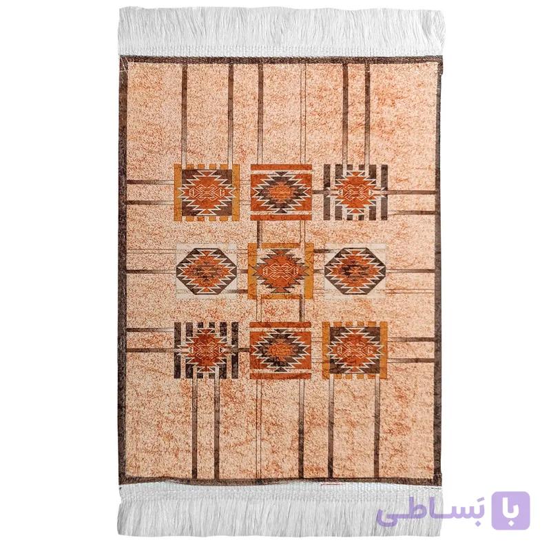 فرش ماشینی 1000 شانه زمینه کرم قهوه‌ای حاشیه قهوه ای مدل فانتزی کلاسیک کد 14