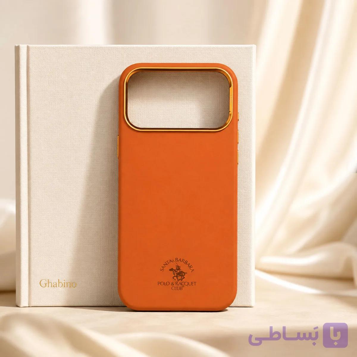 قاب آیفون 17 پرو مکس Santa Barbara Polo مدل Orange Gold طرح چرم نارنجی با فریم طلایی — تصویر 1