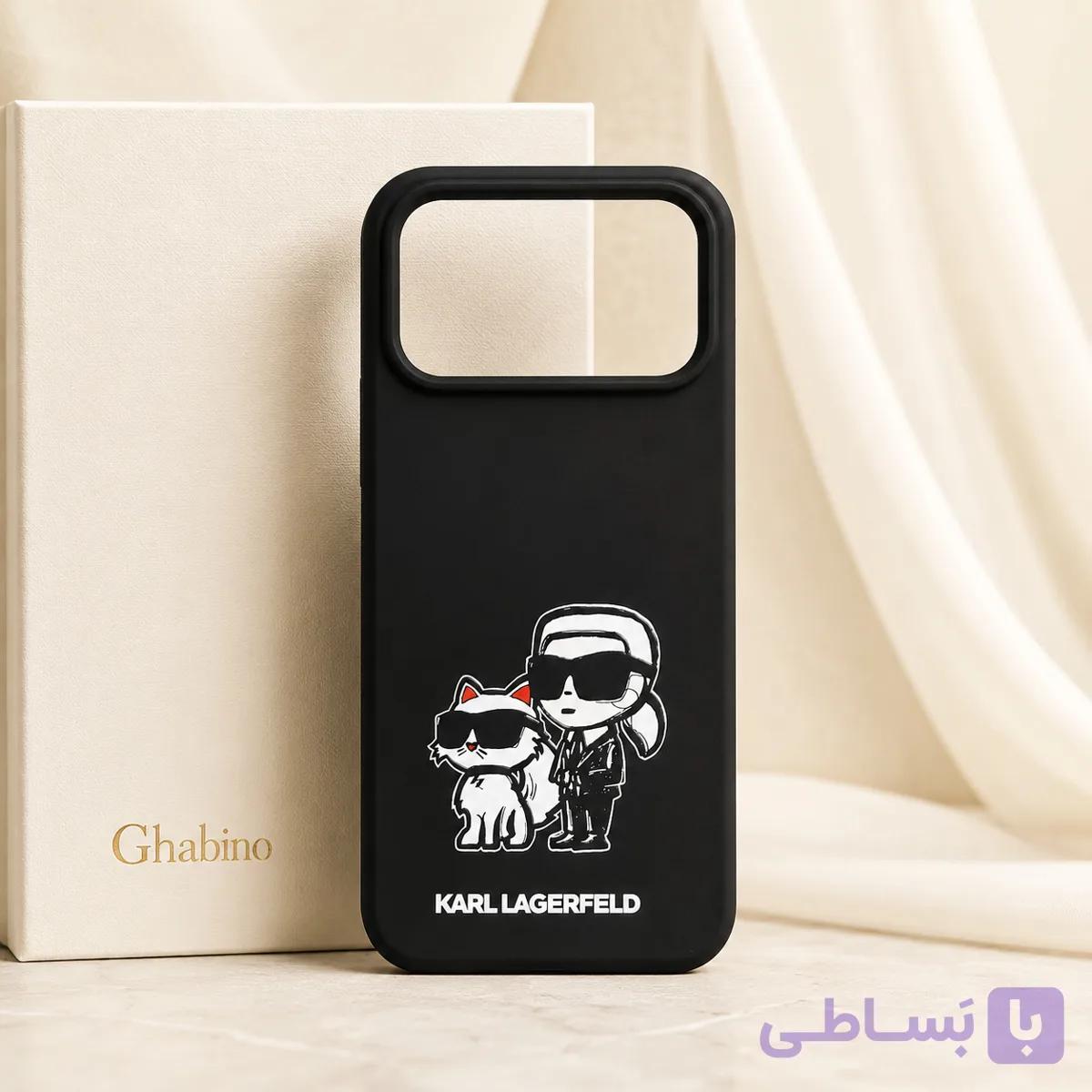 قاب مشکی آیفون 17 پرو مکس Karl Lagerfeld طرح کارل و گربه — تصویر 1