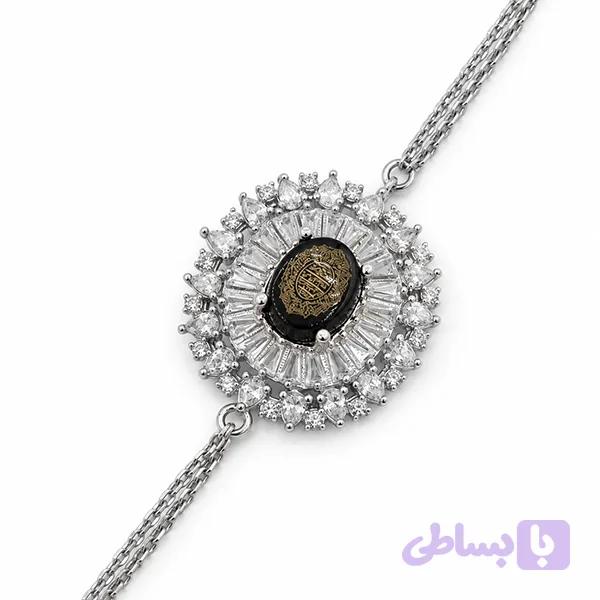 دستبند عقیق مشکی نقره زنانه طرح درخشش + حرز امام جواد (ع) — تصویر 1