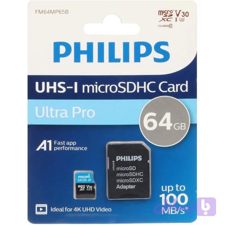 کارت حافظه MicroSDHC فیلیپس مدل Ultra pro کلاس 10 استاندارد UHS-I U3 سرعت 100MBps ظرفیت 64 گیگابایت