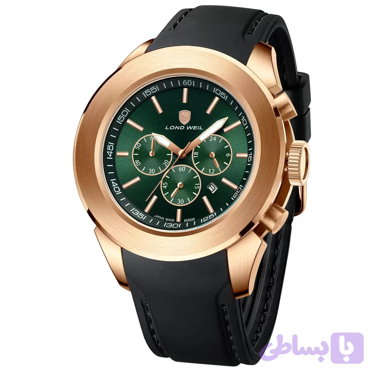 ساعت مچی مردانه برند Lond wiel مدل 830025 بند سیلیکونی مشکی و صفحه سبز — تصویر 1