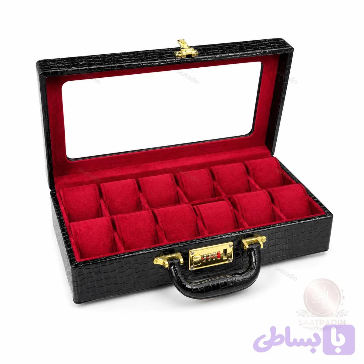 جعبه ساعت چرمی لوکس ۱۲ خانه مشکی داخل قرمز قفل رمزی — تصویر 1