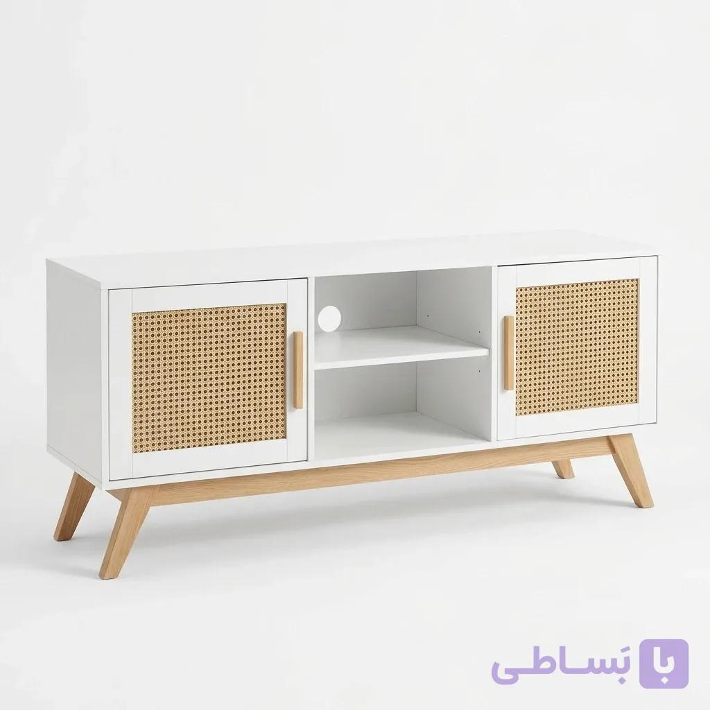 میز تلویزیون حصیری چوبی سفید مدل هیوا — تصویر 1