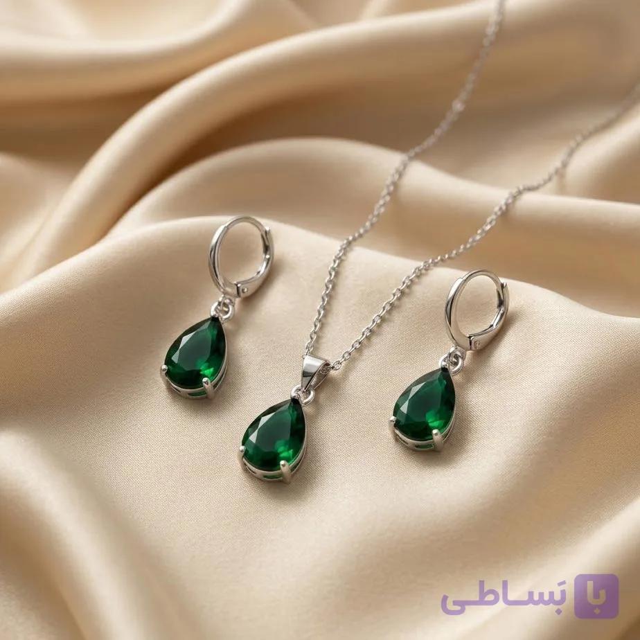 نیم ست طرح قو نقره‌ای نگین اشکی — تصویر 1