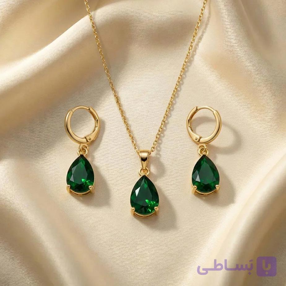 نیم ست طرح اشکی طلایی با نگین سبز — تصویر 1