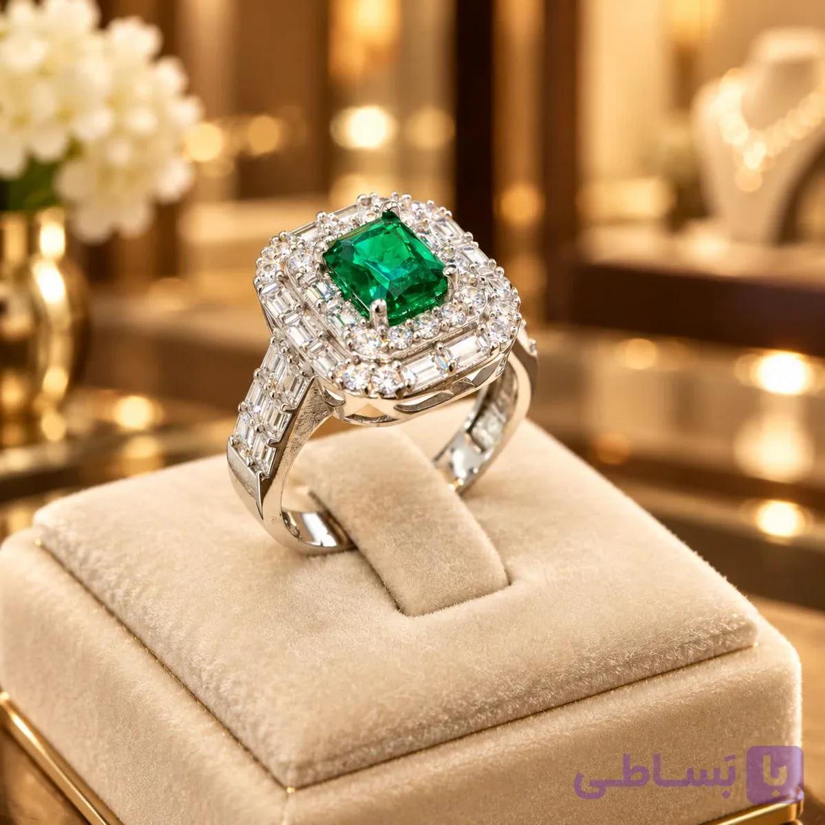 انگشتر نقره زنانه ونگین اتمی طرح زمرد