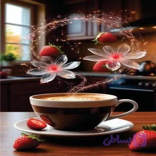 پنل پیشبند-توت فرنگی و فنجان قهوه ای