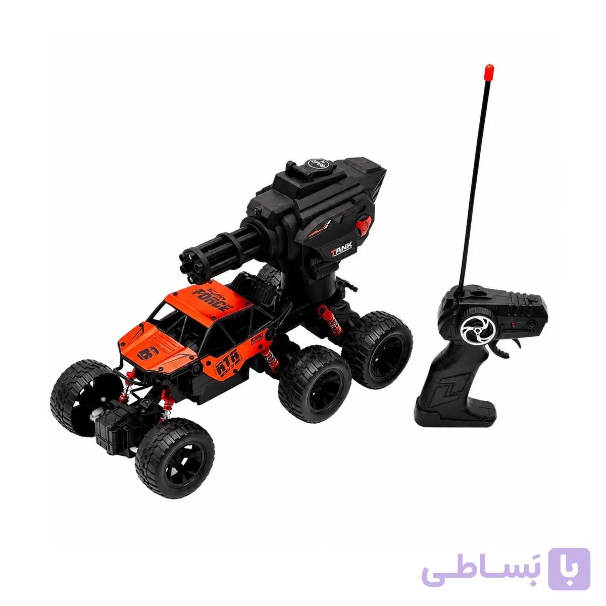 ماشین کنترلی آفرود ۶ چرخ فلزی با برج تفنگ گاتلینگ، تایر ژله‌ای