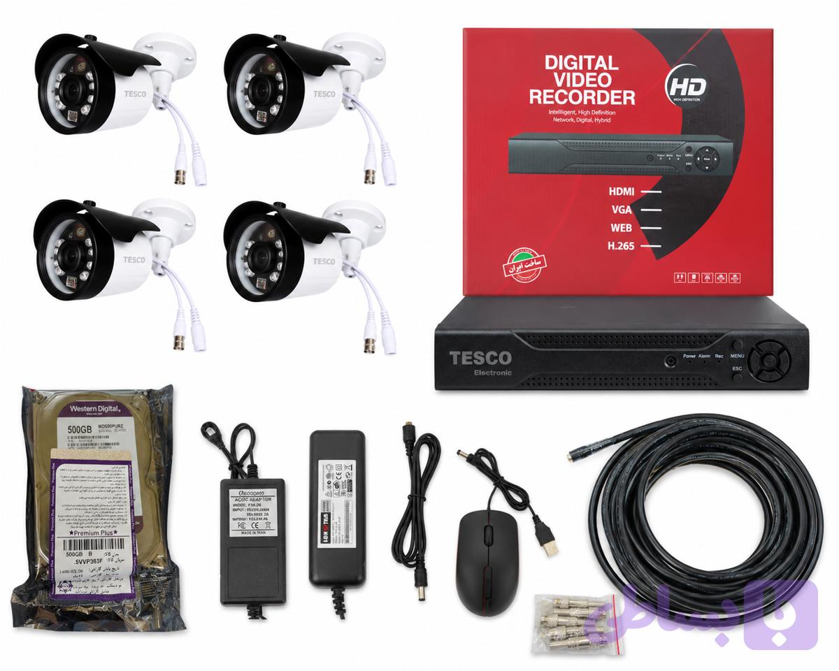 پک کامل دوربین مداربسته ۴ کانال TESCO – کیفیت FHD، ساخت ایران ۴ دوربین ۲ مگاپیکسل Full HD + دستگاه ضبط ۴ کانال ۵ مگاپیکسل + هارد ۵۰۰ گیگابایت و تمام لوازم جانبی لازم