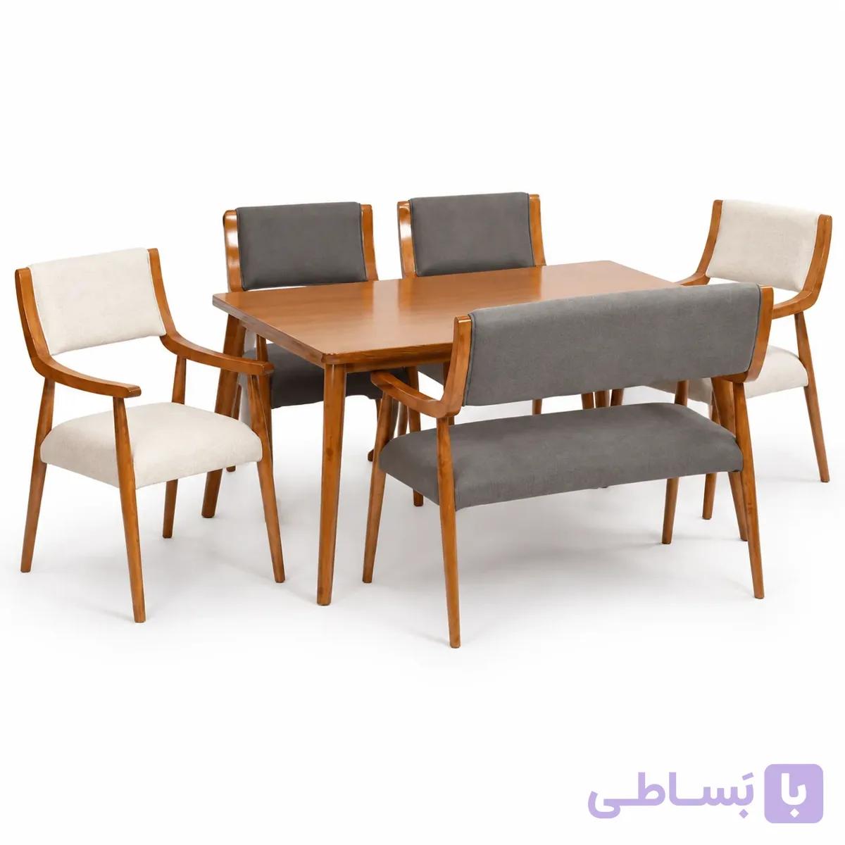 میز ناهارخوری ۶ نفره چوب توسکا با صندلی و نیمکت | پارچه وارداتی — تصویر 1