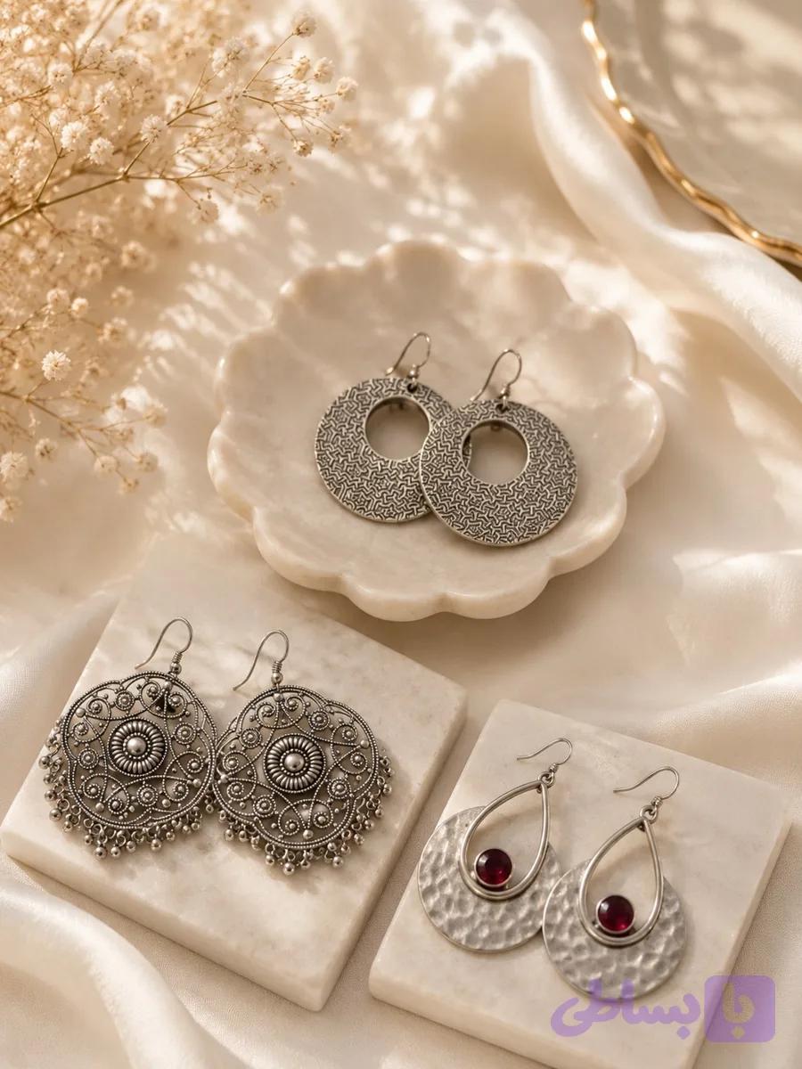 گوشواره زنانه مدل طرح نقره | Qazal Bijoux Silver Essence