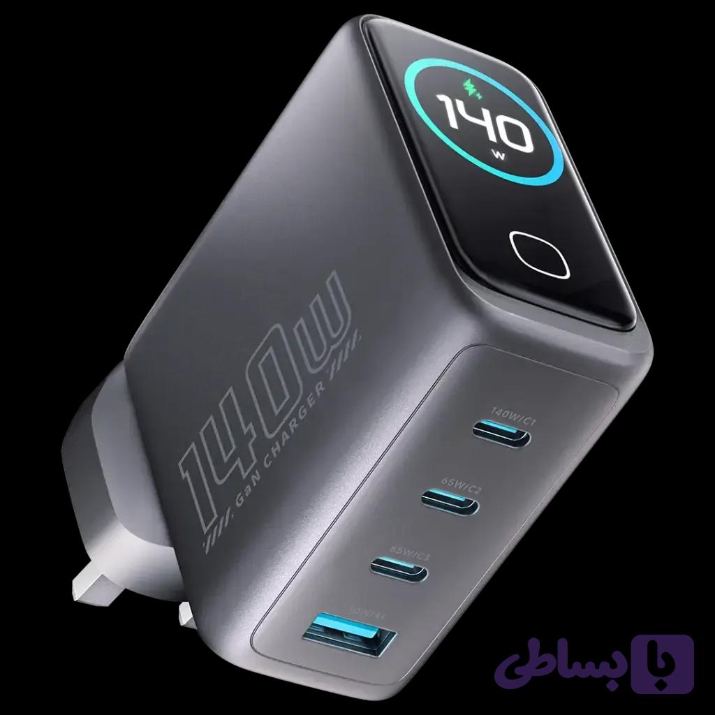 شارژر دیواری ۱۴۰ وات پاورولوژی مدل Voltflow GaN PWGAN140W با نمایشگر TFT – مشکی — تصویر 1