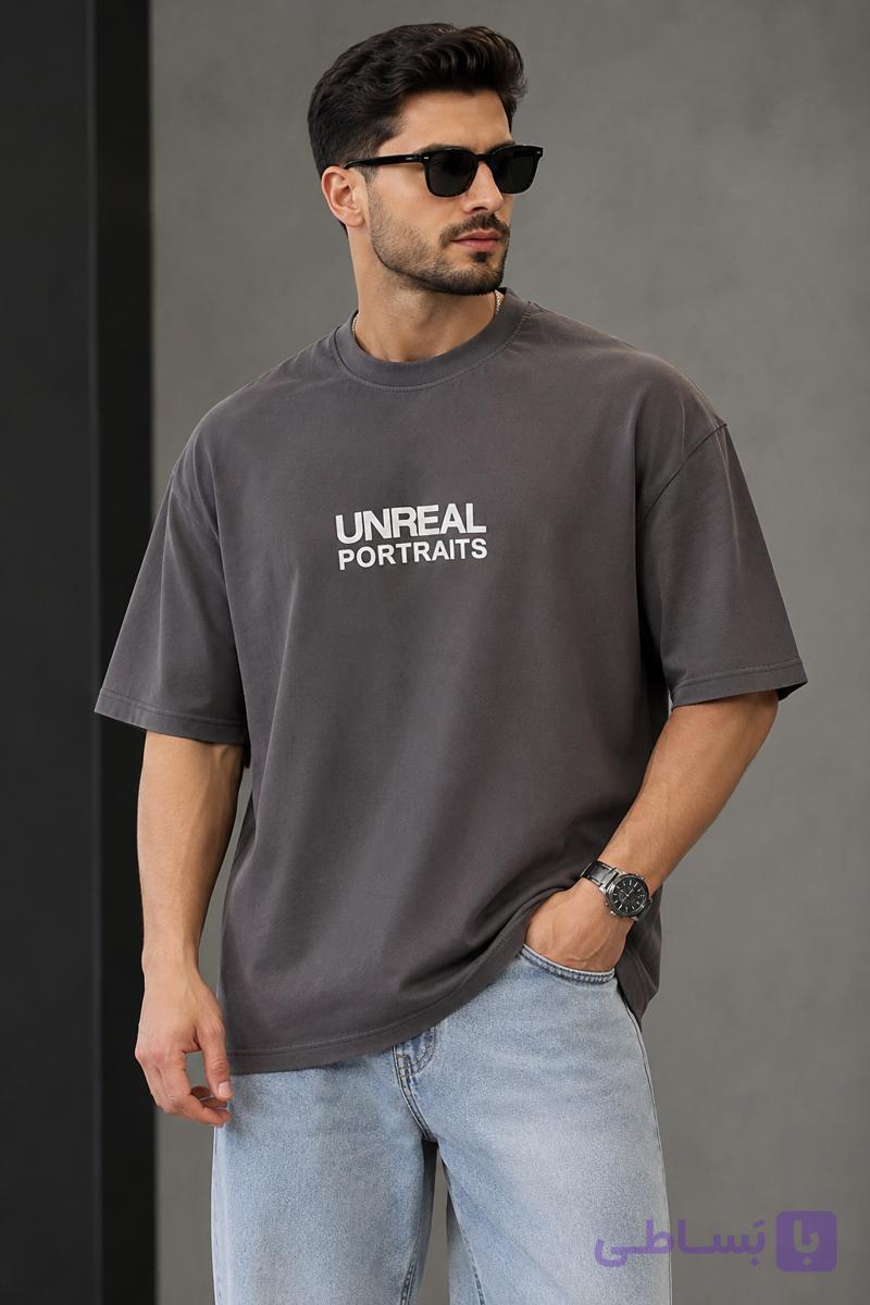 تیشرت مردانه یقه گرد اور سایز طرح UNREAL با چاپ برجسته
